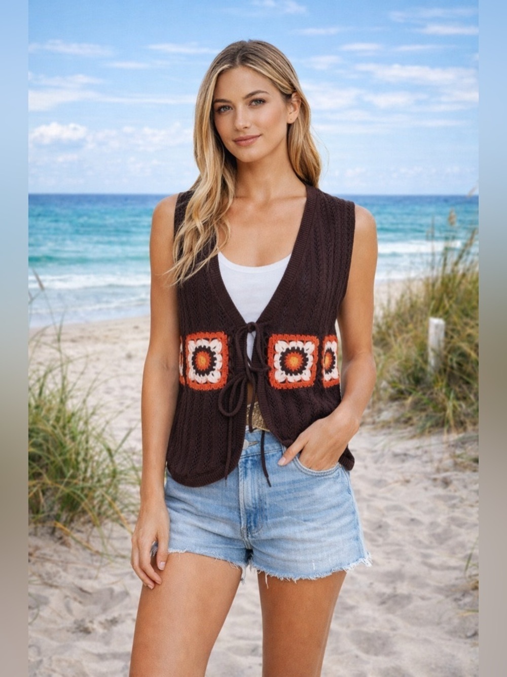 27 Miles Malibu Solace Crochet Tie Front Vest Boho NWT Size M